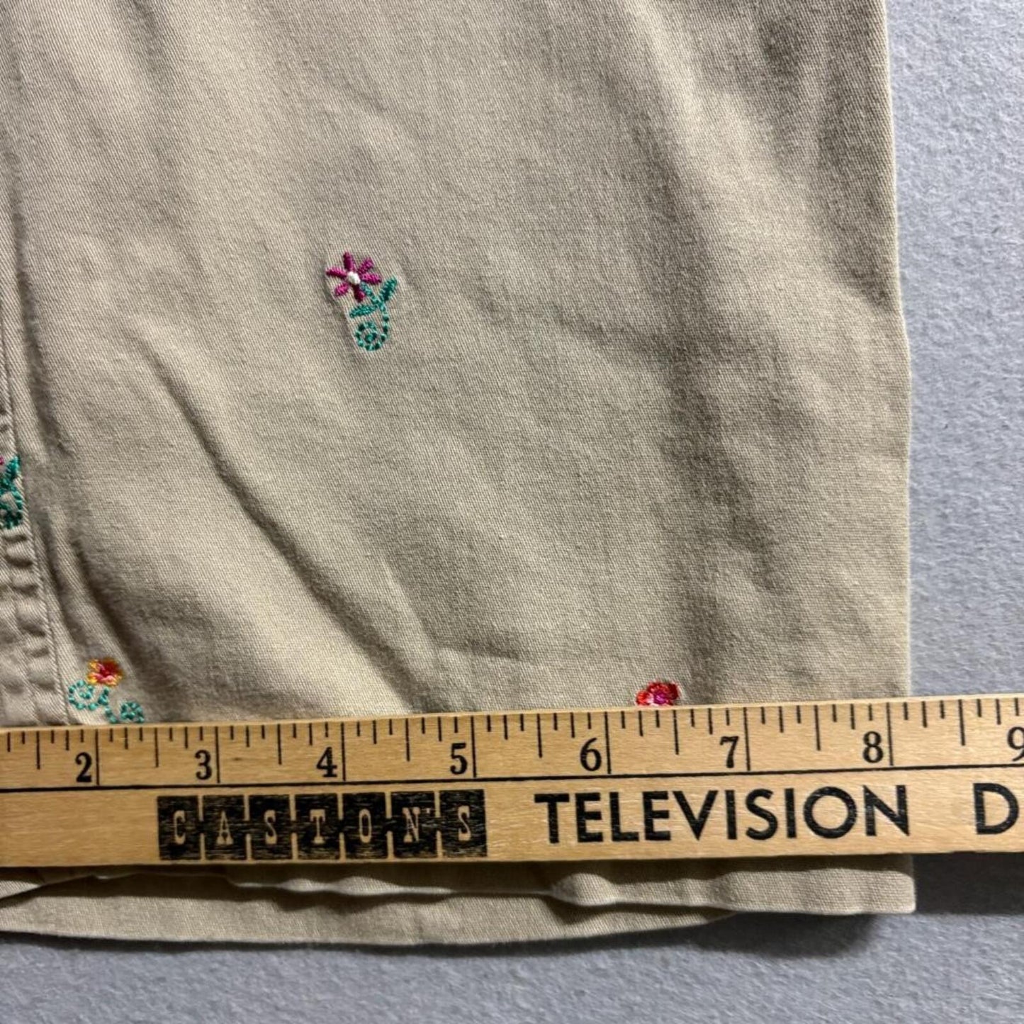 Rafaella Petites Embroidered Floral Khaki Pants Womens 8P Beige Cotton Stretch