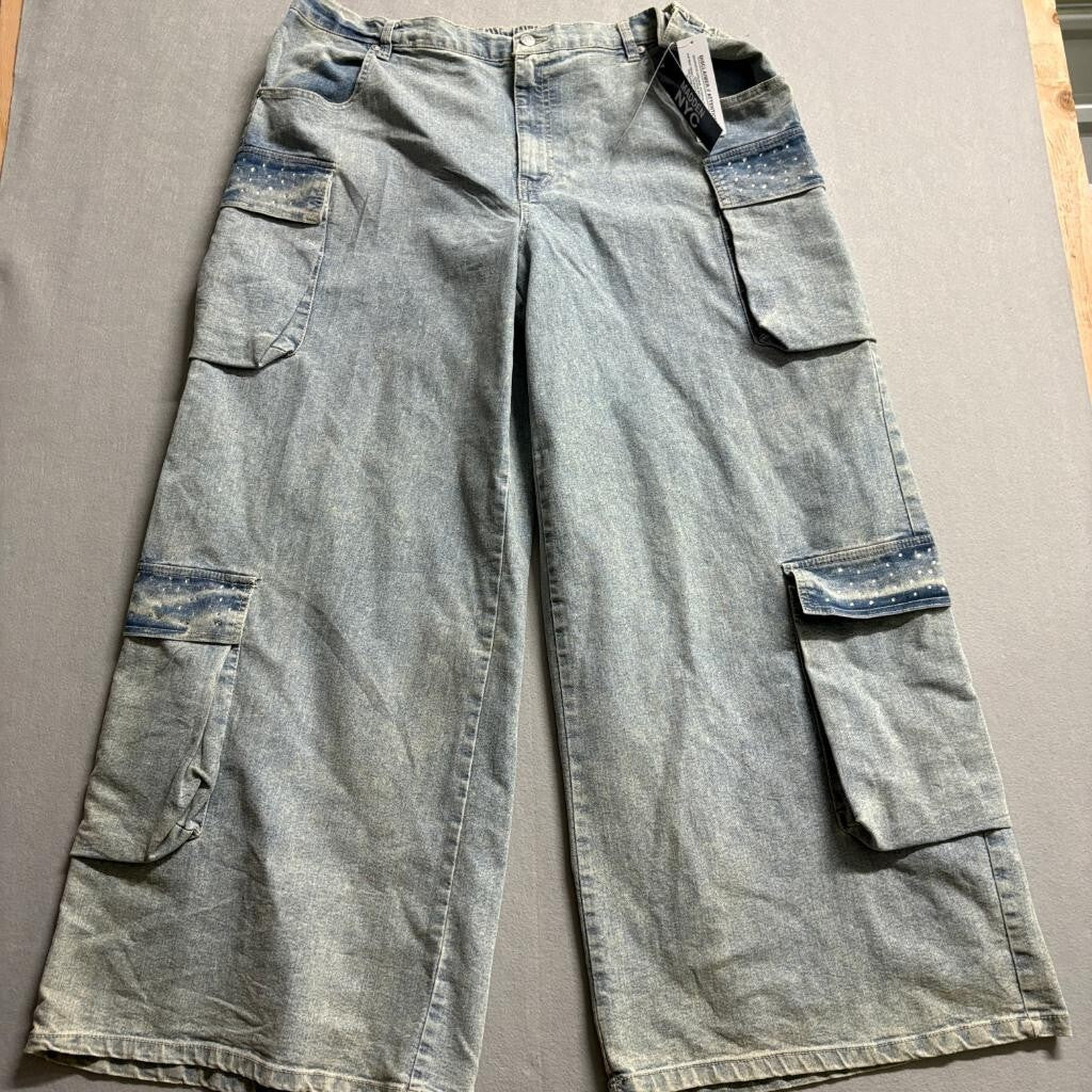 Madden NYC Jeans Womens XXL 20 Wide Leg Cargo Rhinestone High Rise Light Wash