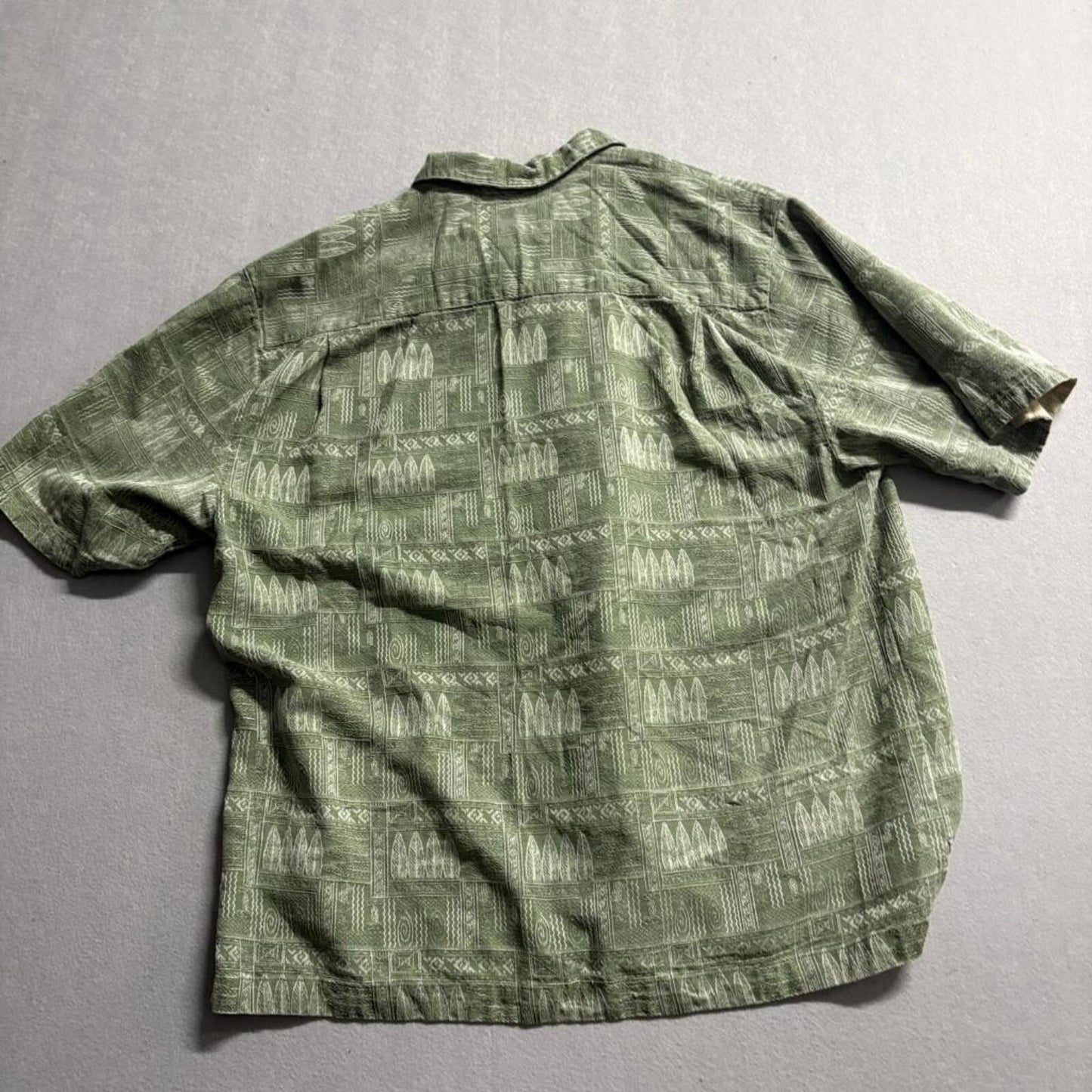 Jamaica Jaxx Mens Medium Green 100% Silk Jacquard Hawaiian Camp Shirt Surfboards