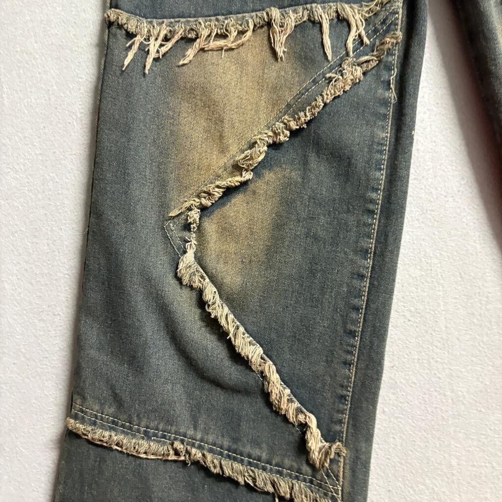 Unbranded Distressed Patchwork Wide Leg Jeans Womens Size S Gray Denim Fringe