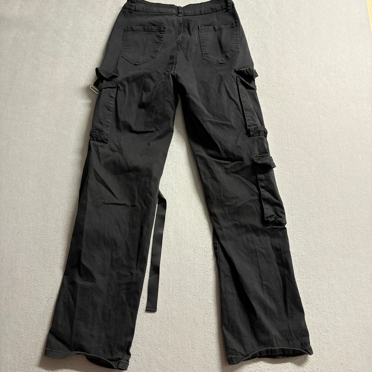 Daysie Women's Black Cargo Pants Straps Buckles Techwear Y2K Goth Size 10 /