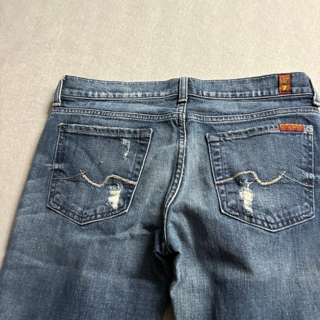 7 For All Mankind Bootcut Jeans Womens 28 Distressed Raw Hem Blue Denim Stretch