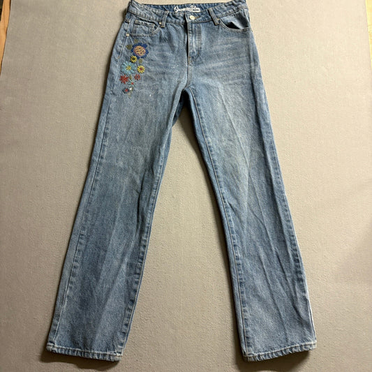 Organic Blue Womens Floral Embroidered Straight Leg Jeans Size 9/29 Blue Cotton