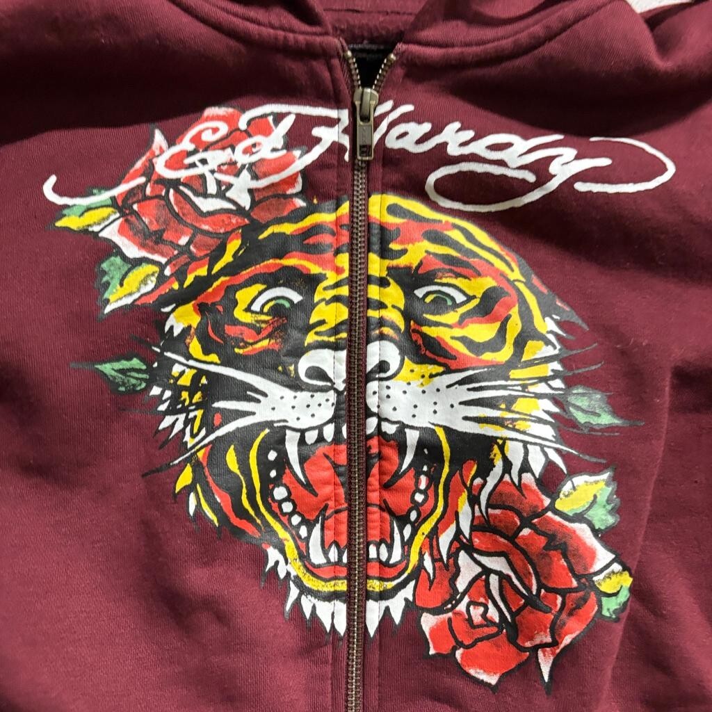 Ed Hardy Womens Tracksuit Set Small Maroon Tiger Graphic Crop Hoodie Sweatpants