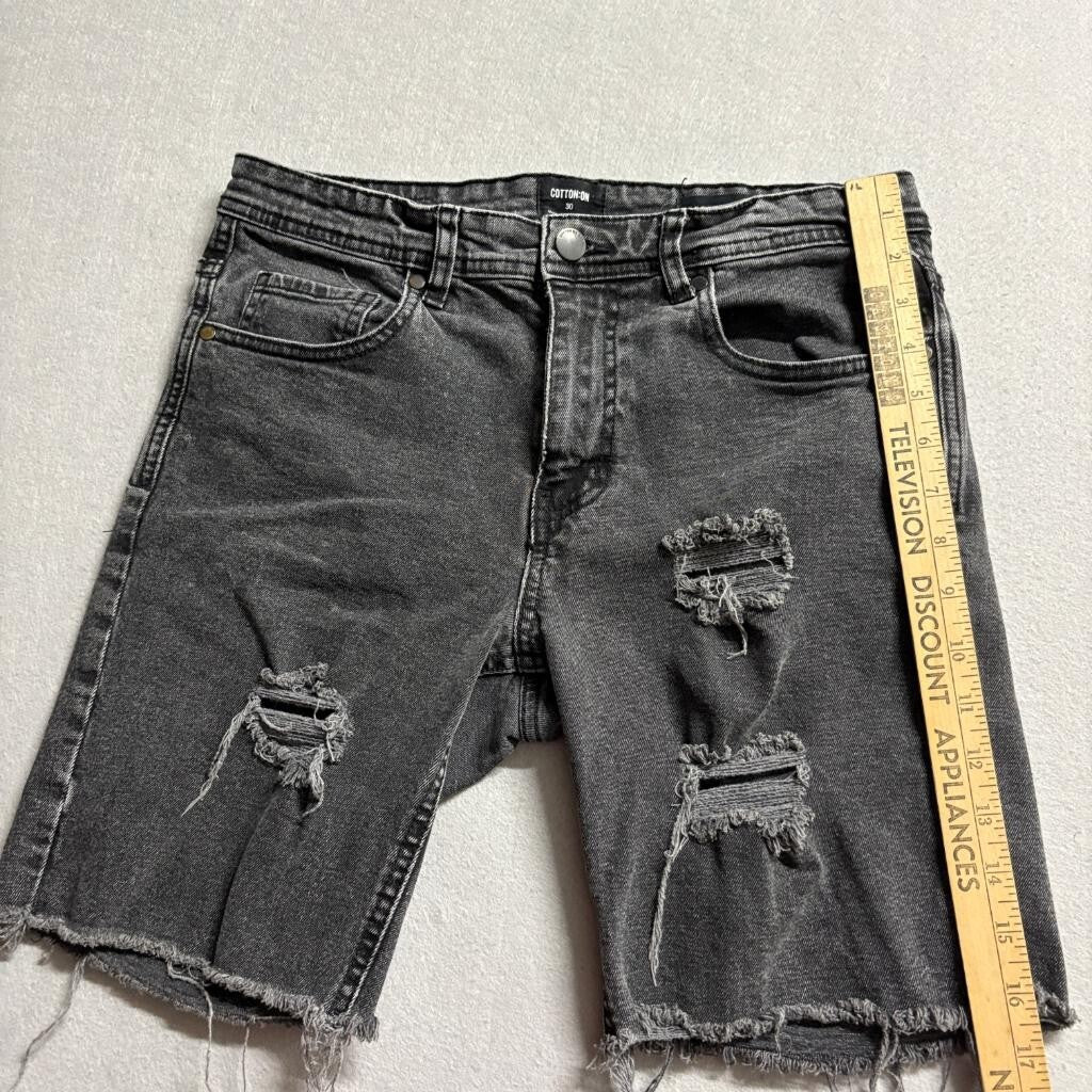 Cotton On Mens 30 Distressed Denim Shorts Black Gray Raw Hem Straight Cut