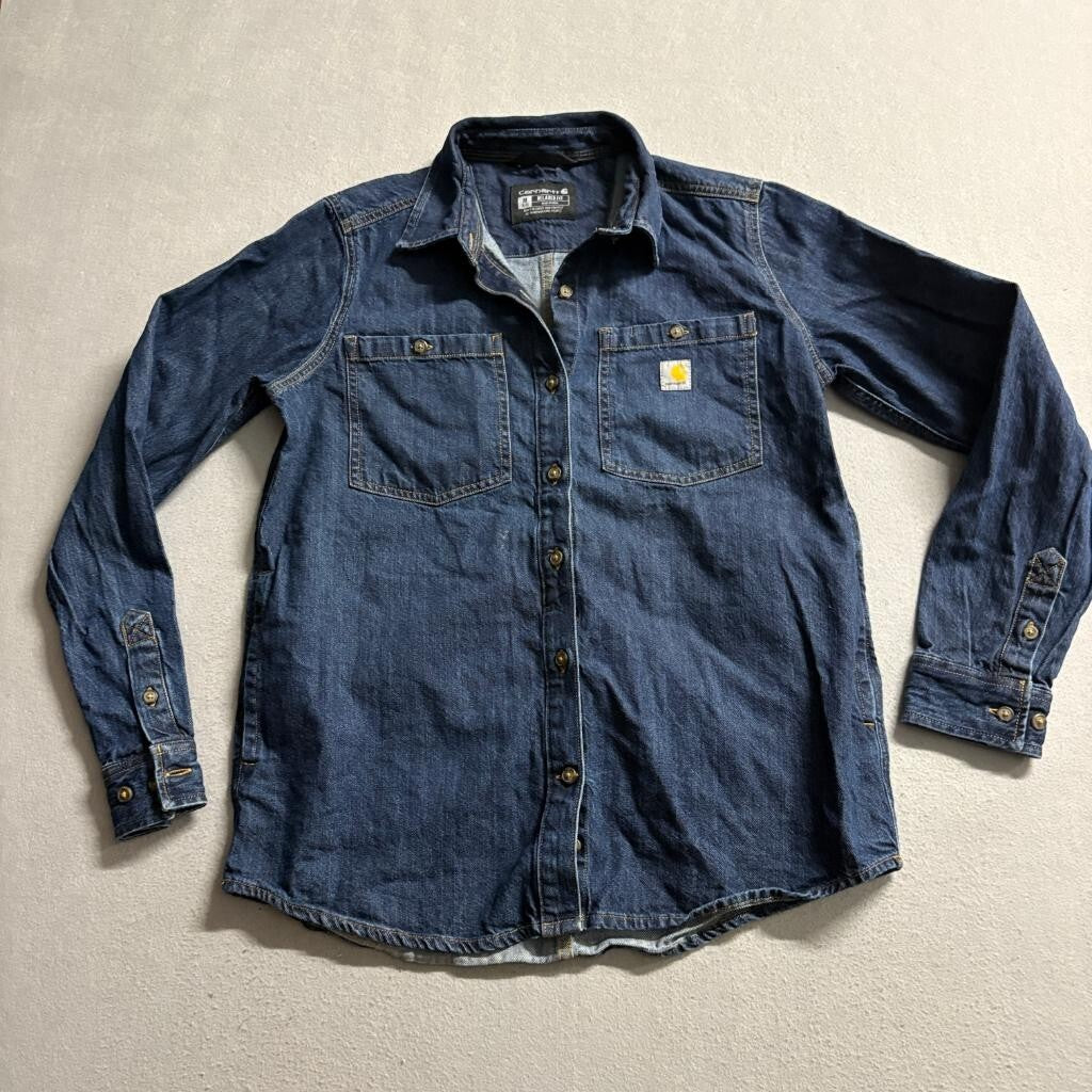 Carhartt Denim Button Down Shirt Womens Medium Blue Jean Workwear Relaxed Fit