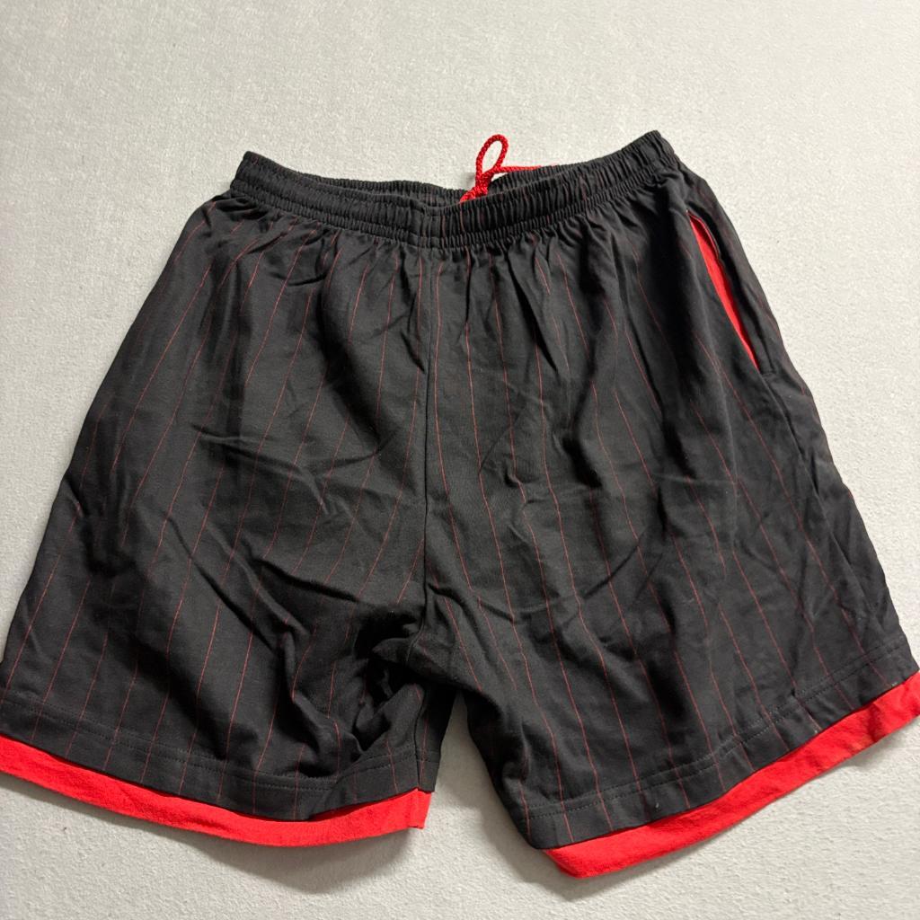 Vintage Salem Sportswear Front Row Pinstripe Shorts Womens XL Black Red Cotton
