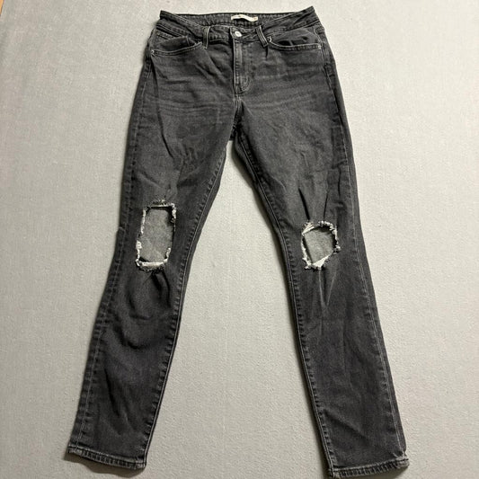 Levis 721 High Rise Skinny Jeans Womens 30 Distressed Ripped Knees Gray Denim
