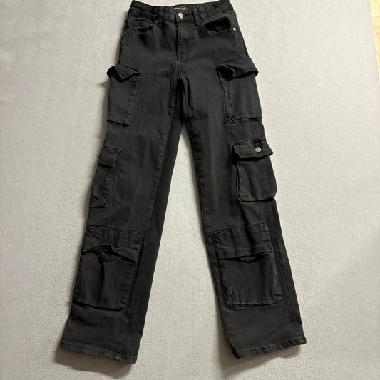 Between Us Womens Cargo Jeans Size 3 Black High Rise Multi Pocket Utility Denim
