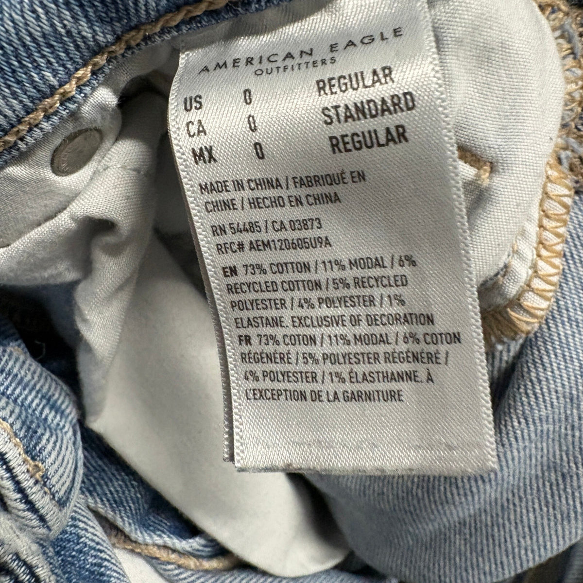 American Eagle Mom Jeans Womens Size 0 Blue Distressed Stretch Denim High Rise