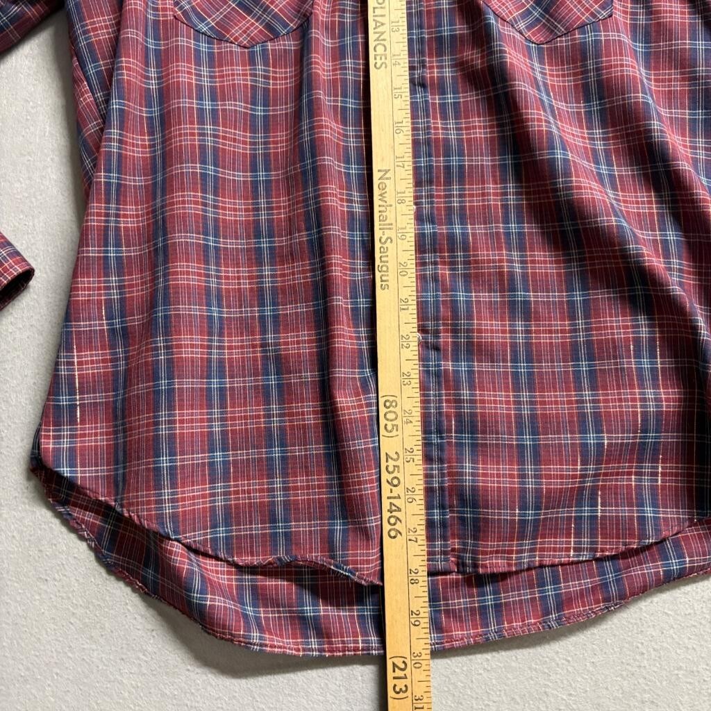 Vintage Levis Western Pearl Snap Shirt Mens XL Red Blue Plaid Tapered USA Made