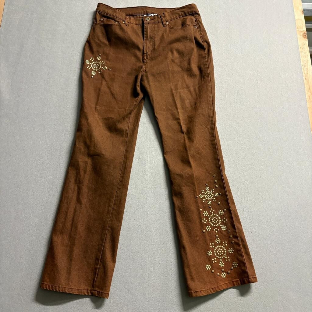 DG2 by Diane Gilman Studded Jeans Womens 12 Brown Stretch Denim Bootcut Flared