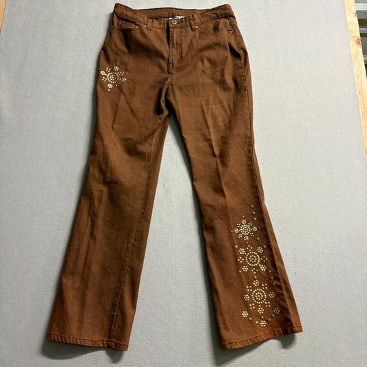 DG2 by Diane Gilman Studded Jeans Womens 12 Brown Stretch Denim Bootcut Flared