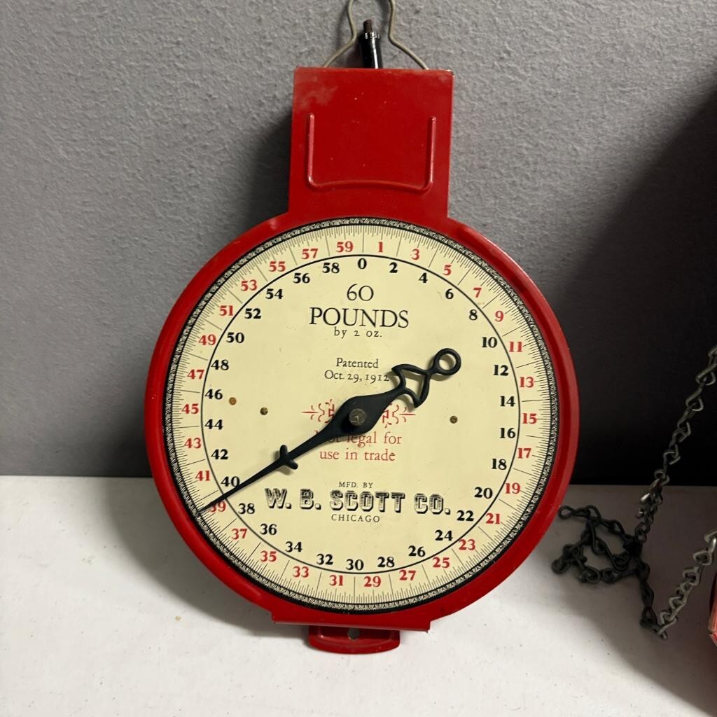 Vintage W B Scott Co Chicago 60 Lb Hanging Scale Red Metal Scoop Pan Pat 1912