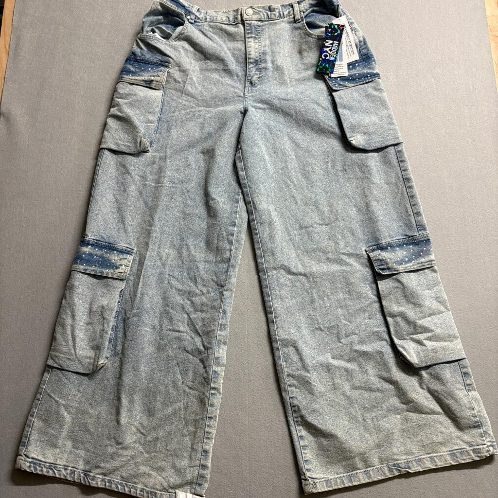 Madden NYC Wide Leg Cargo Jeans Womens XL 16-18 Rhinestone Blue Denim New