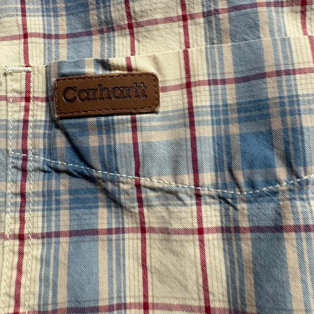 Carhartt Plaid Shirt Mens 2XL Blue Beige Red Short Sleeve Cotton Button Up