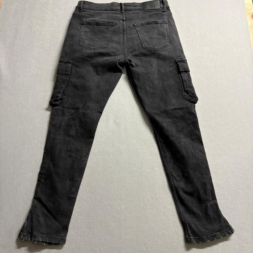 BoohooMAN Cargo Jeans Mens 34 Black Distressed Skinny Ankle Zip Paisley Insert