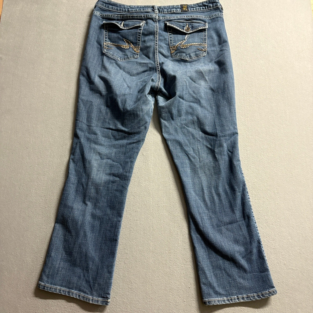 Wrangler Aura Womens Blue Denim Bootcut Jeans Flap Pocket Embroidered Inseam