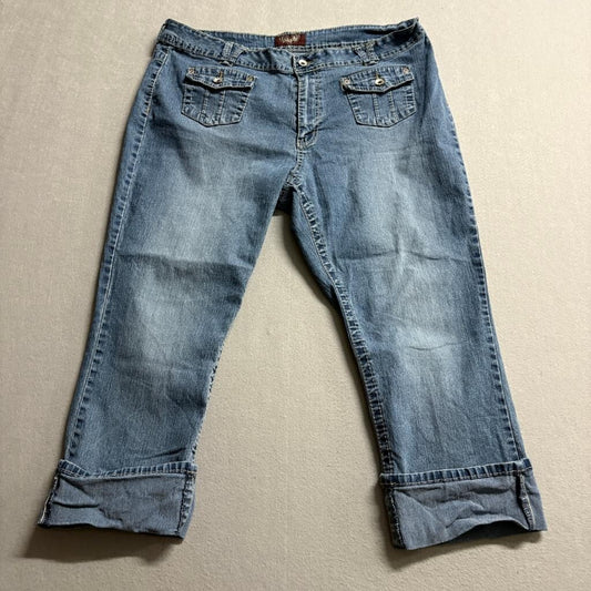 Angels Jeans Womens 16 Blue Denim Capri Crop Stretch Flap Pocket Mid Rise