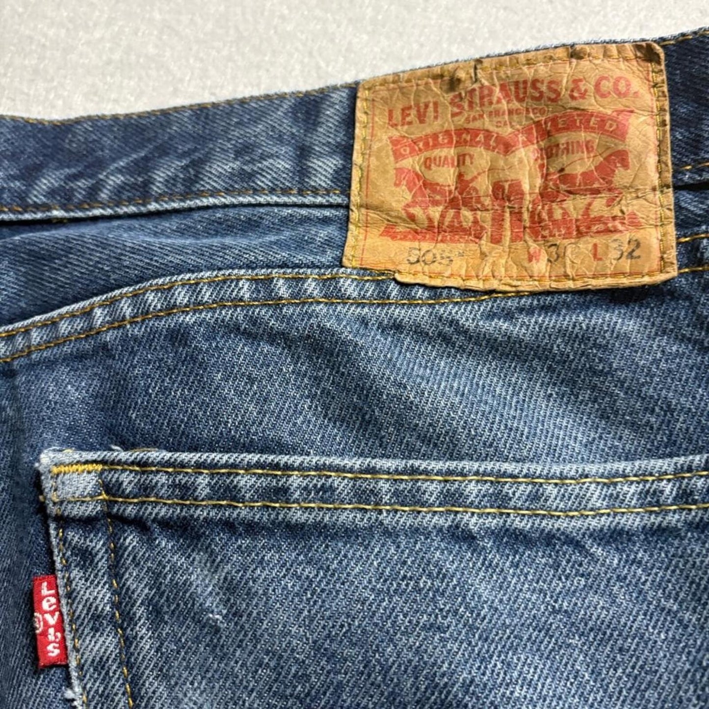 Levis 505 Regular Fit Jeans Mens 36x32 Blue Denim Straight Leg Distressed Hems