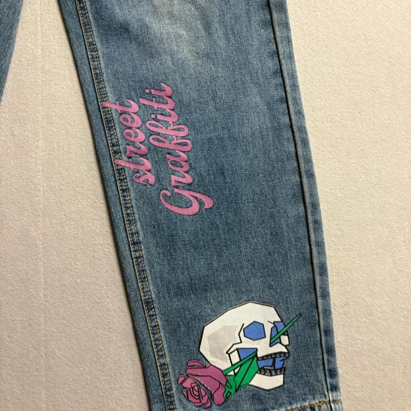 SHEIN Skull Rose Graffiti Print Jeans Womens XS Blue Denim Straight Leg Pants