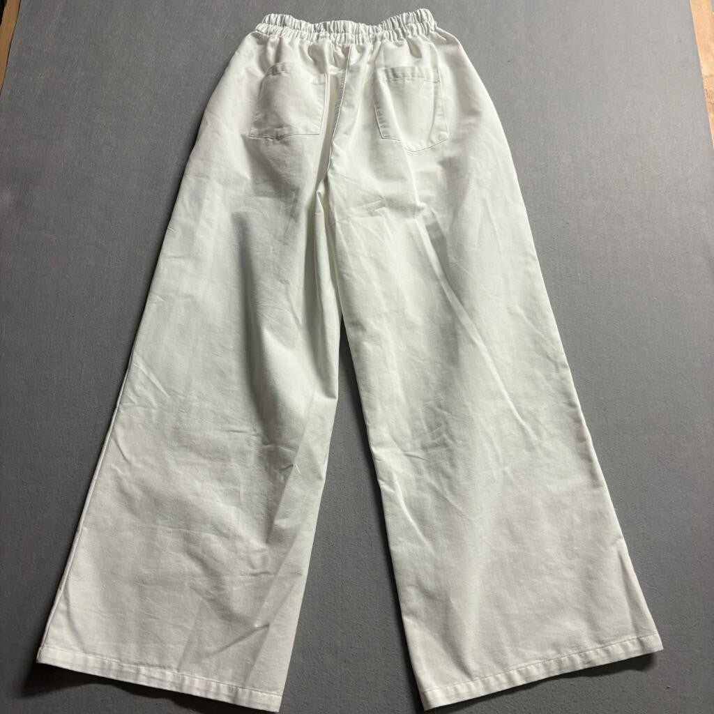 Unbranded White Cotton Wide Leg Pants Womens Size S Elastic Waist Casual