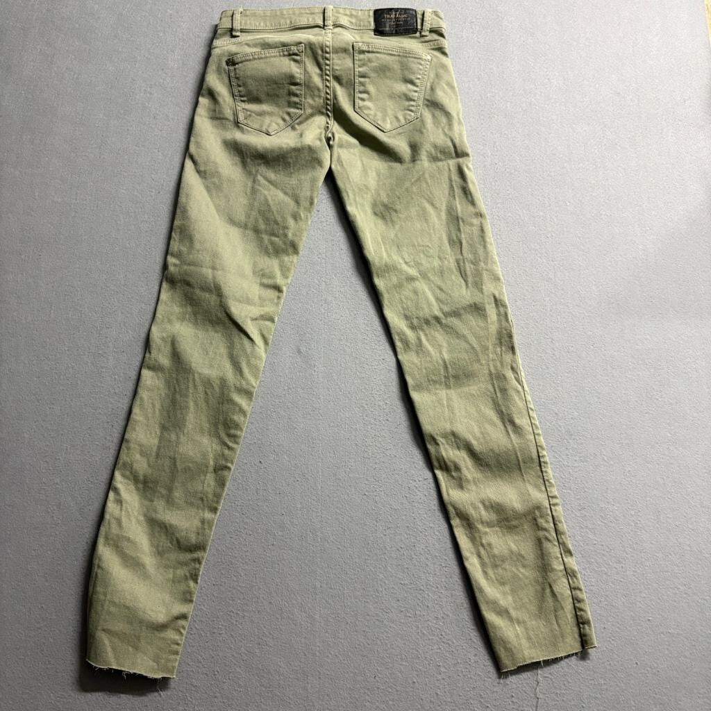 Zara Trafaluc Slim Jeans Womens 2 Green Olive Raw Hem Stretch Denim Pants