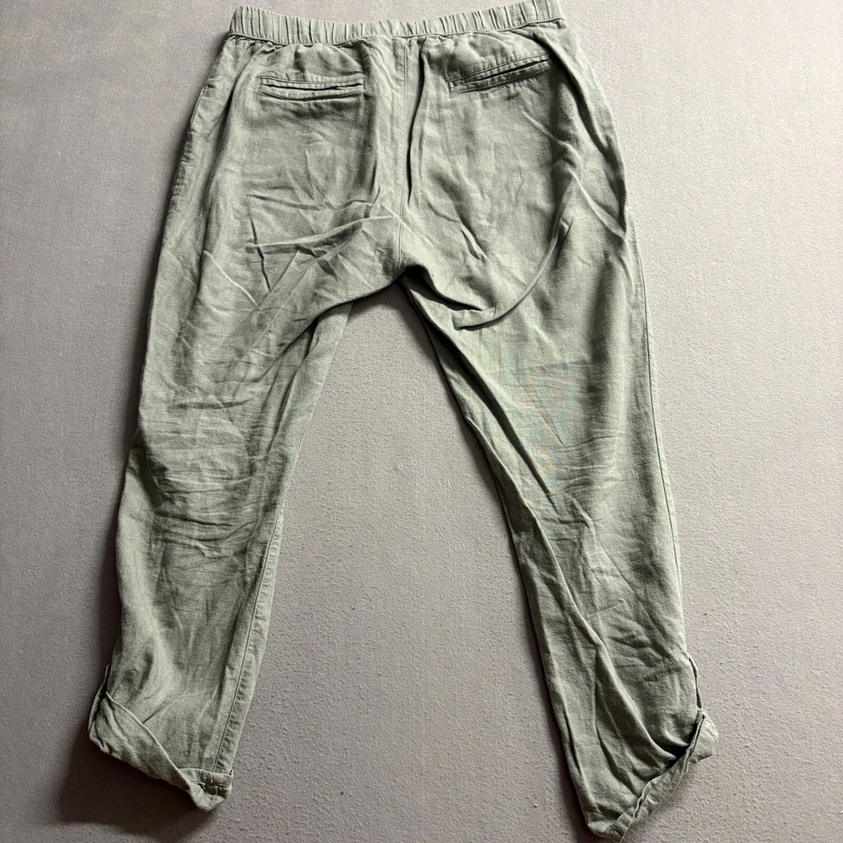 Roxy Linen Blend Pants Womens Large Green Drawstring Elastic Waist Roll Tab Hem
