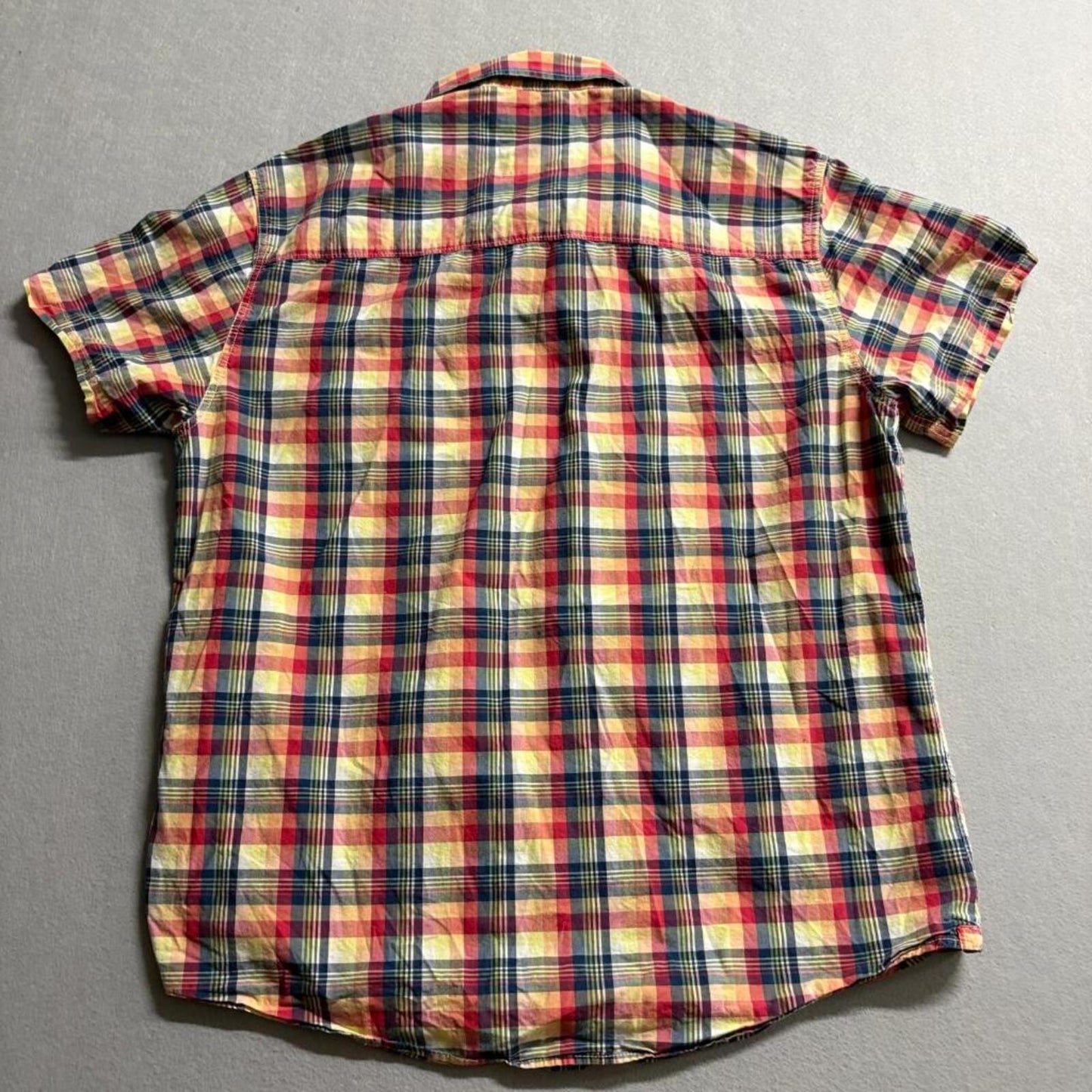 Aeropostale Plaid Shirt Mens XL Short Sleeve Button Up Red Yellow Blue Cotton