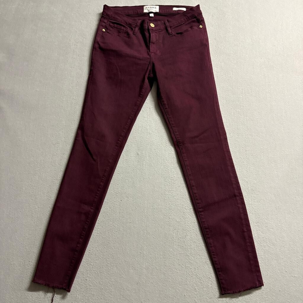 Frame Denim Le Skinny de Jeanne Jeans Womens 28 Mahogany Burgundy Raw Hem