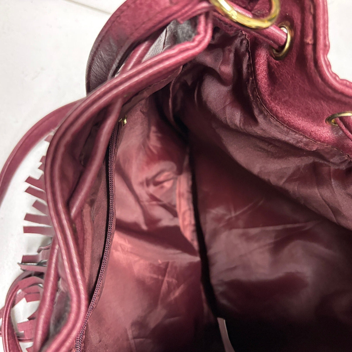 Burgundy Faux Leather Fringe Bucket Bag Women Boho Drawstring Crossbody Purse