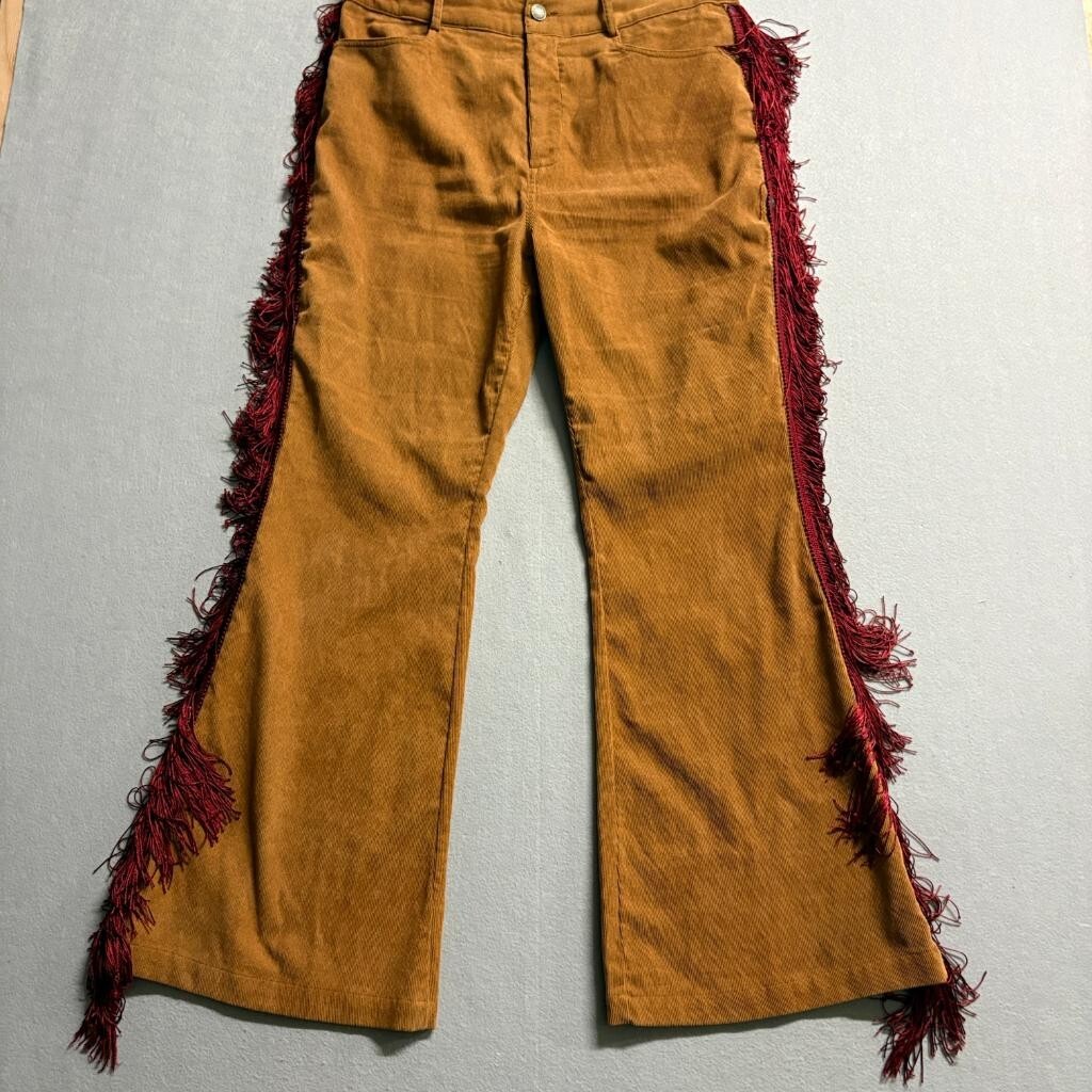 Cider Corduroy Fringe Flare Pants Womens Large Brown Red Western Boho Festival