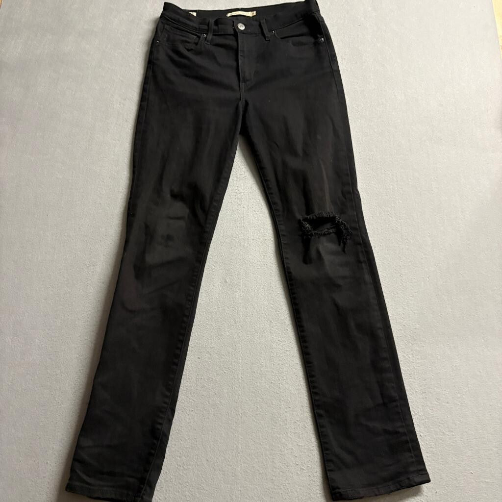 Levi's Premium 724 High Rise Straight Jeans Womens 29 Black Distressed Knee