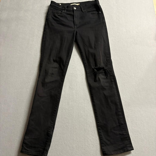 Levi's Premium 724 High Rise Straight Jeans Womens 29 Black Distressed Knee