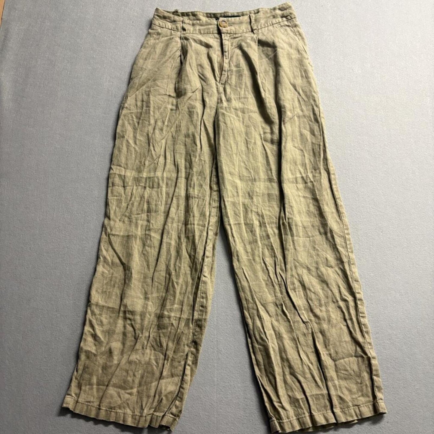 Zara Linen Pants Womens Small Olive Green Wide Leg Pleated High Rise Casual