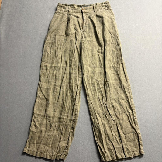 Zara Linen Pants Womens Small Olive Green Wide Leg Pleated High Rise Casual