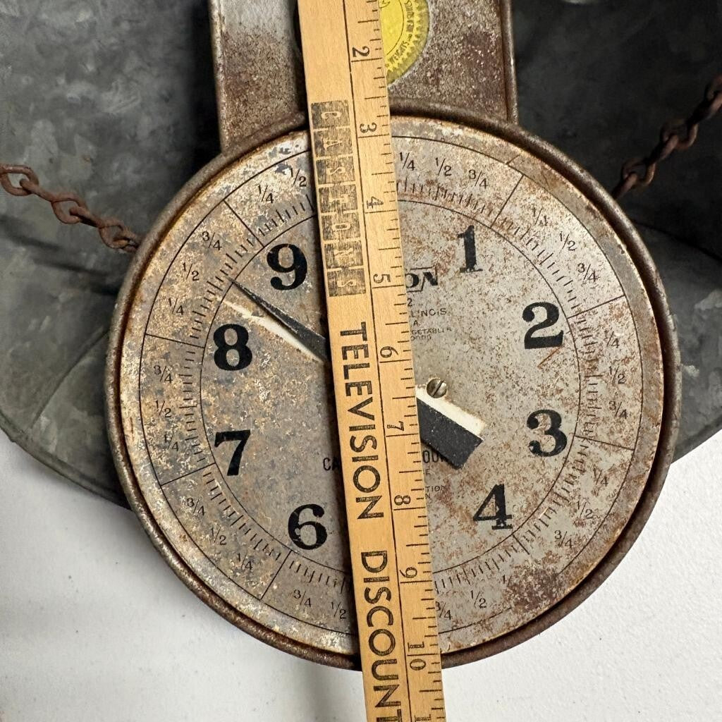 Vintage Hanson Model 842 Hanging Scale 20 Lb Capacity Galvanized Metal Scoop Pan