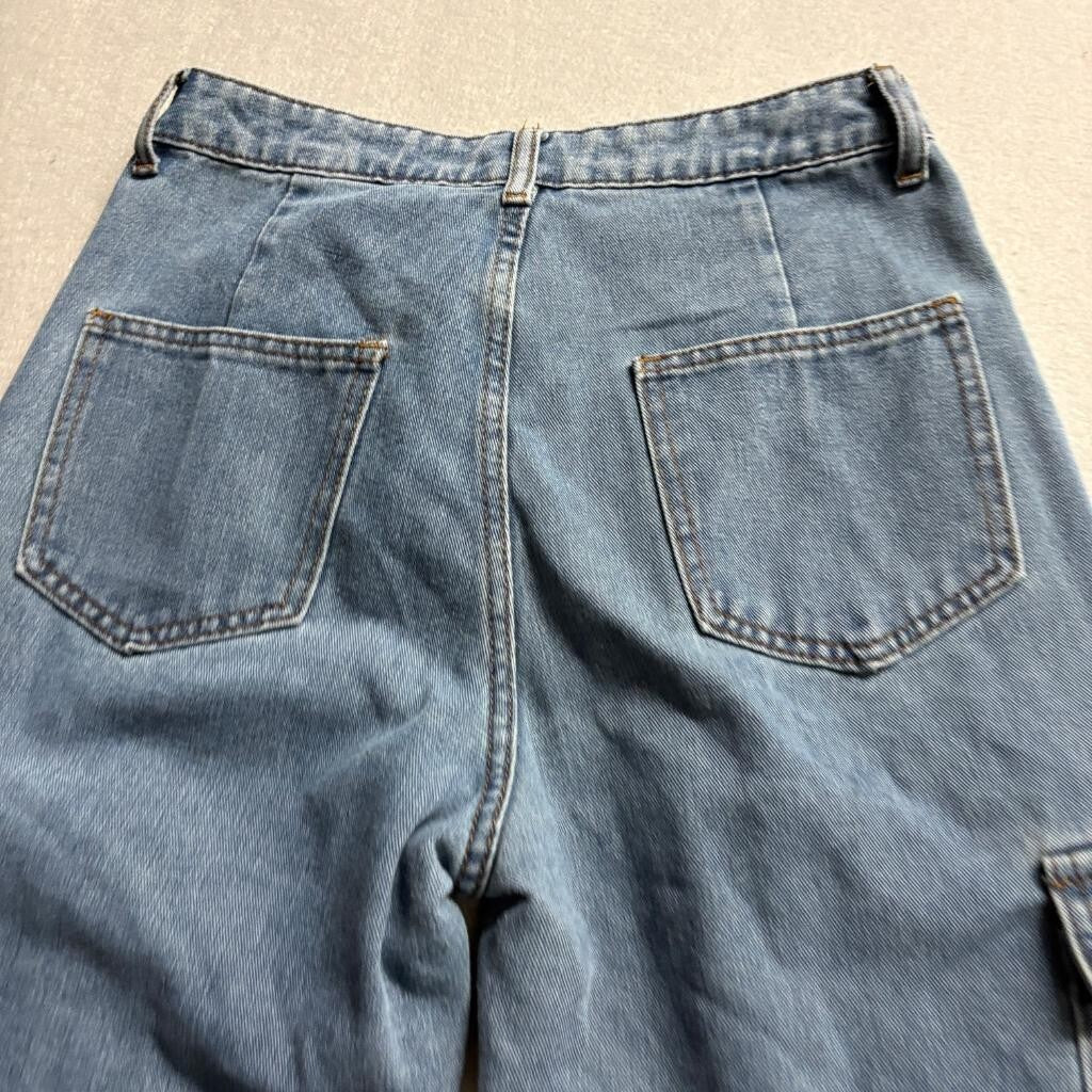 Cider Cargo Jeans Womens Small Blue Denim Wide Leg High Rise Utility Pockets