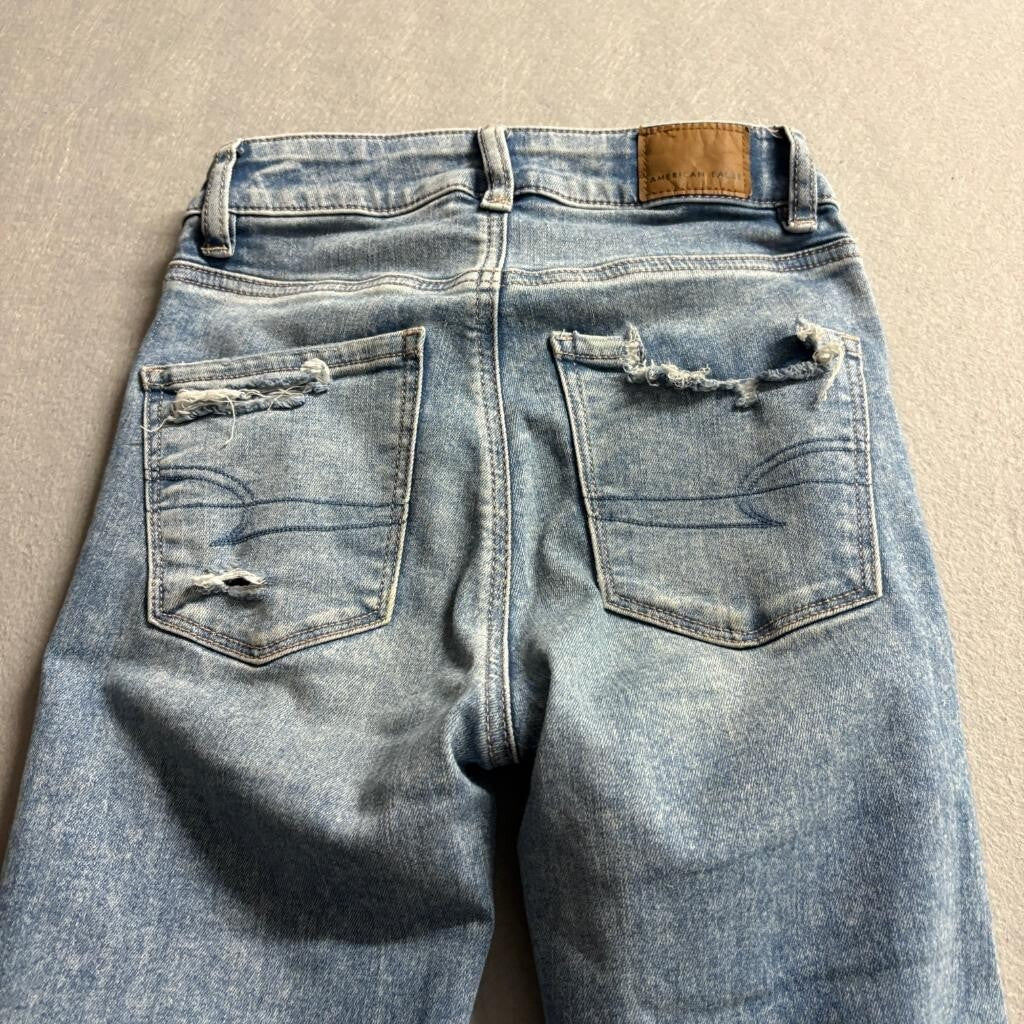 American Eagle Super Hi-Rise Flare Jeans Womens 00 Next Level Stretch Distressed