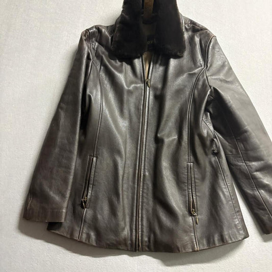 Euro Mond Brown Genuine Leather Jacket Womens XL Faux Fur Collar Full Zip Lined