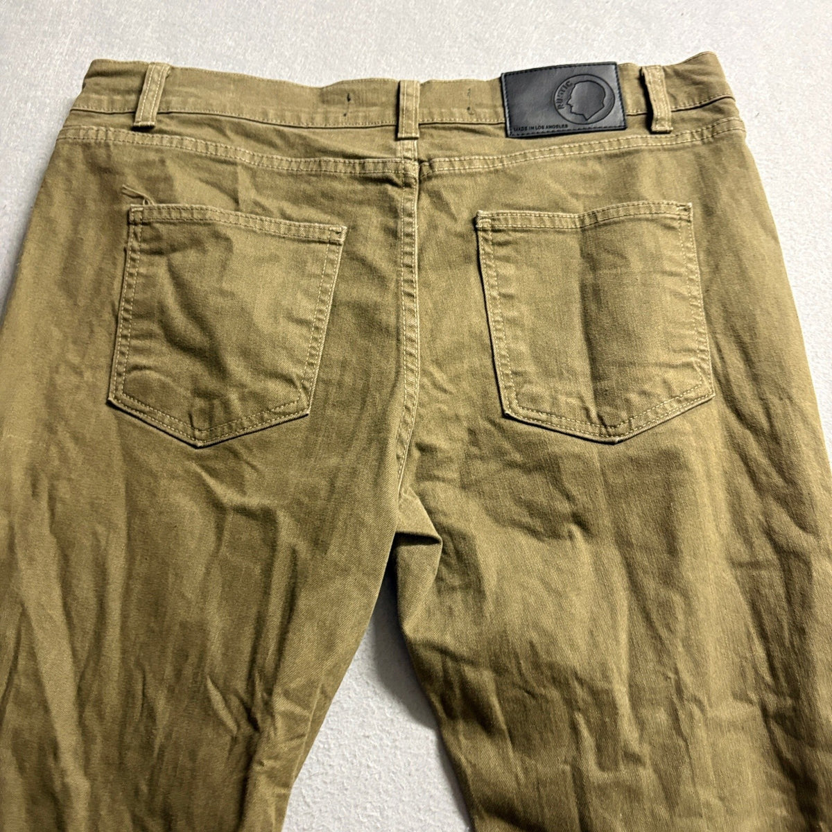 Rustic Dime Mens 34 Olive Green Distressed Taper Fit Jeans Made in USA Stretch