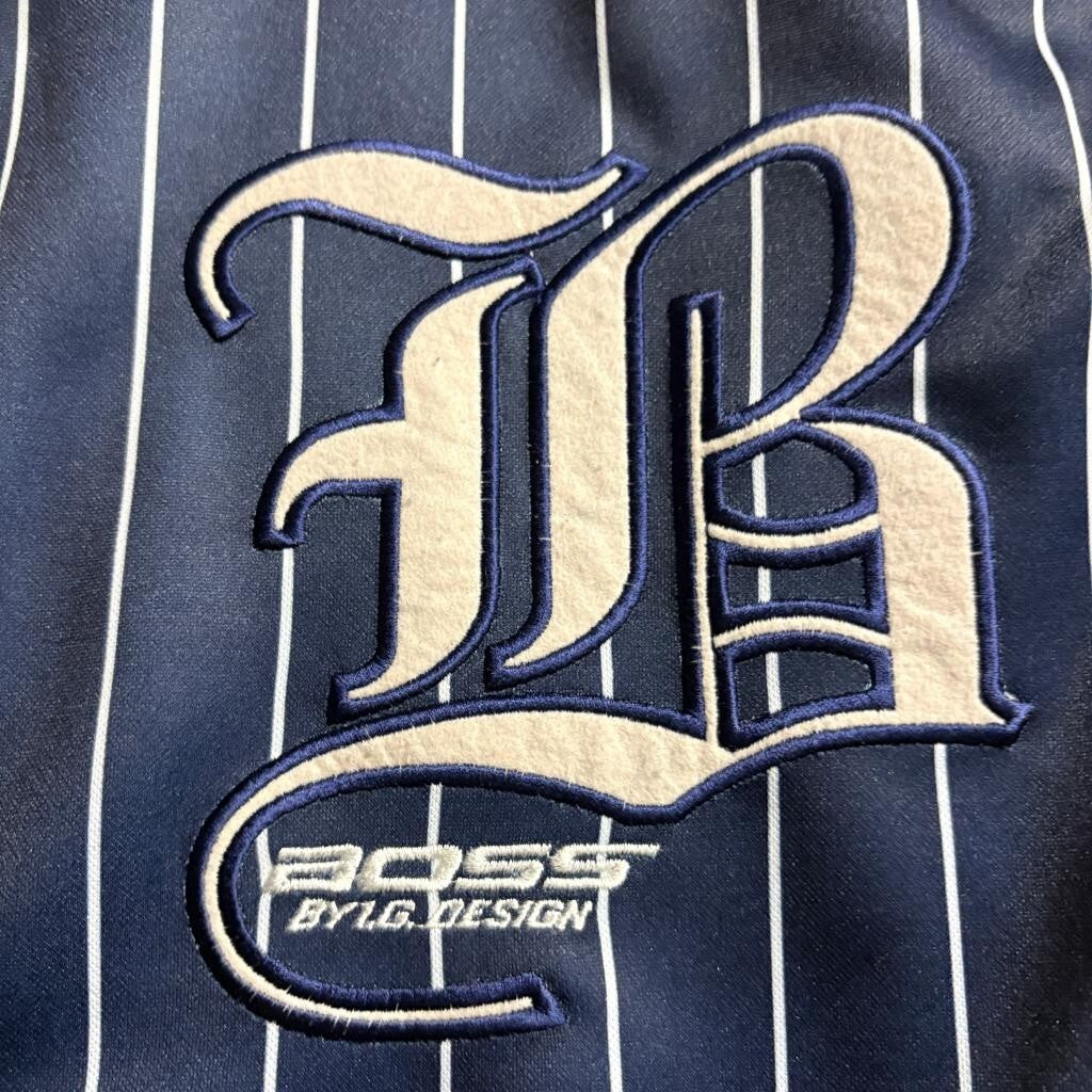 Vintage Boss by IG Design Polo Shirt Mens XL Navy Blue Pinstripe Baseball 1989