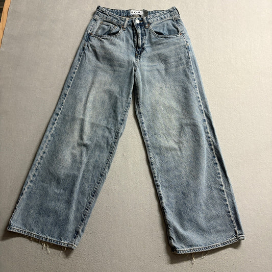 S.O.N.G. Wide Leg Jeans Womens Size 1/25 Blue Denim High Rise Distressed Hem