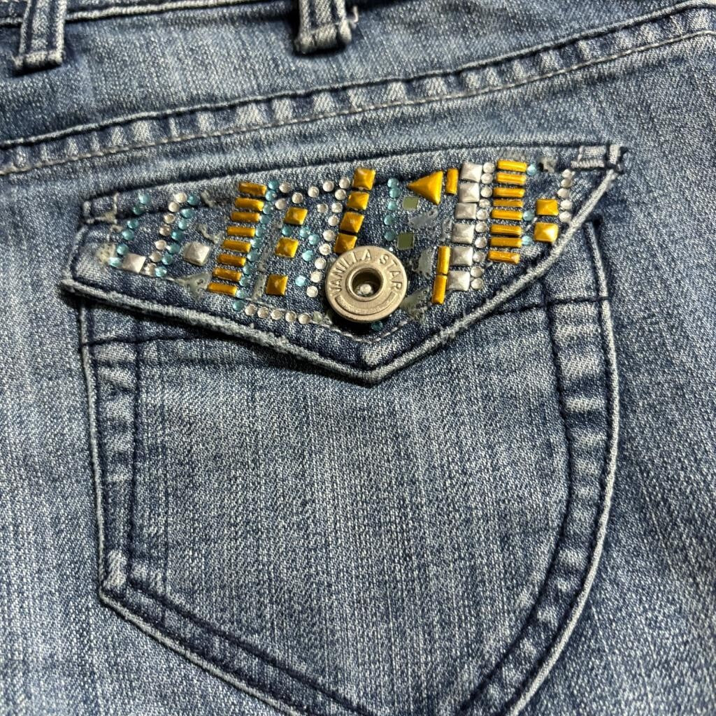 Vanilla Star Jeans Womens 9 Blue Denim Embellished Studded Flap Pocket Bootcut