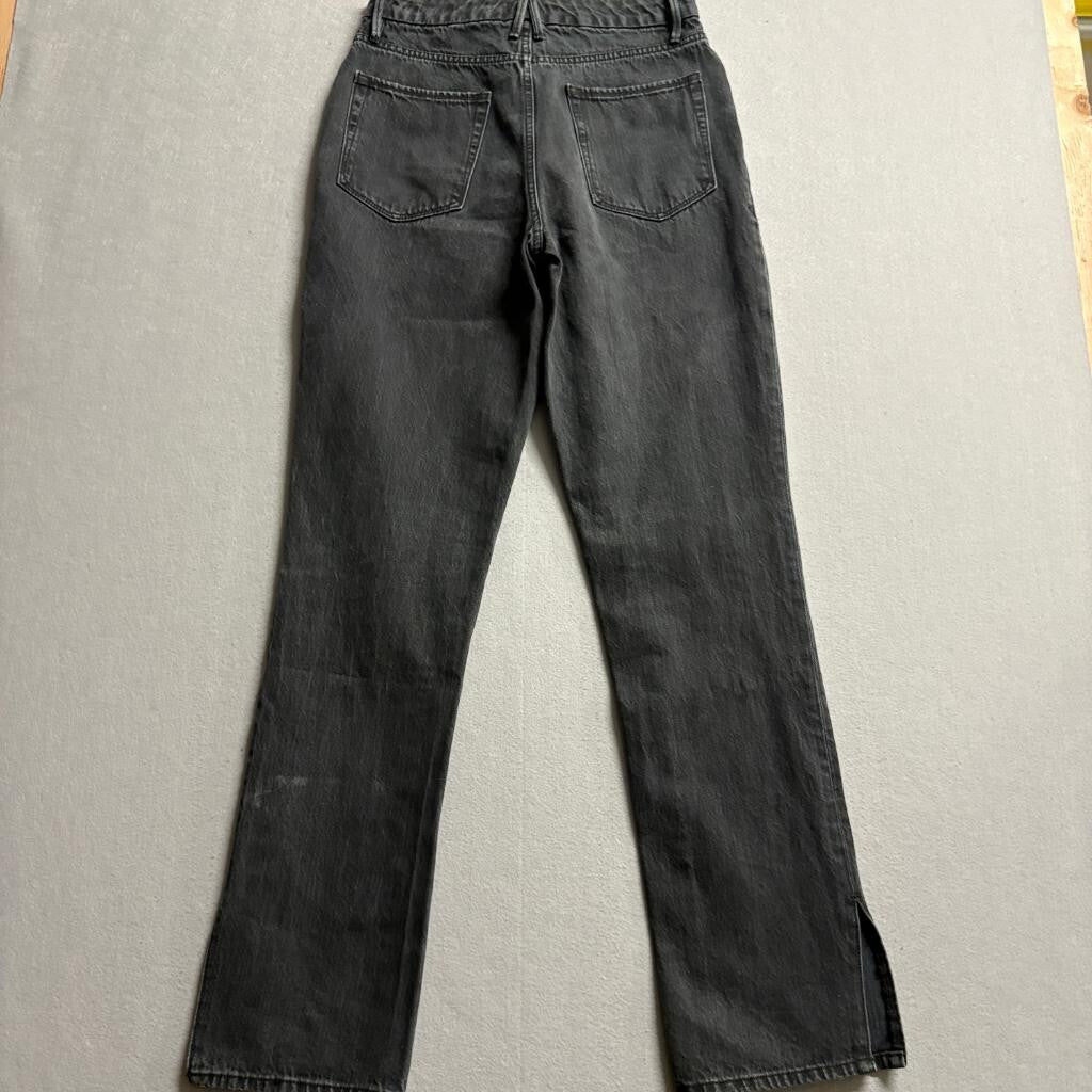 Good American Good Boy Straight Leg Jeans Womens 2/26 Black High Rise Side Slit