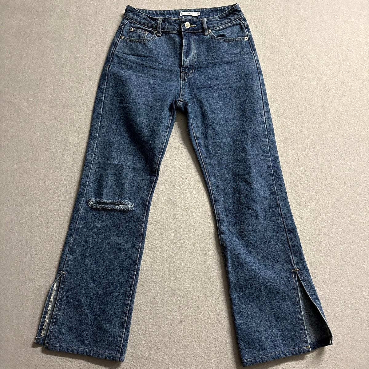 Adika Women Jeans Small Blue High Rise Straight Distressed Knee Side Slit Hem
