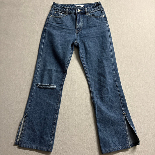 Adika Women Jeans Small Blue High Rise Straight Distressed Knee Side Slit Hem