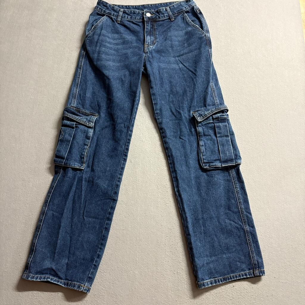 SHEIN Womens Cargo Jeans Size W28 L32 Blue Denim High Rise Wide Leg Utility
