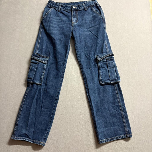 SHEIN Womens Cargo Jeans Size W28 L32 Blue Denim High Rise Wide Leg Utility