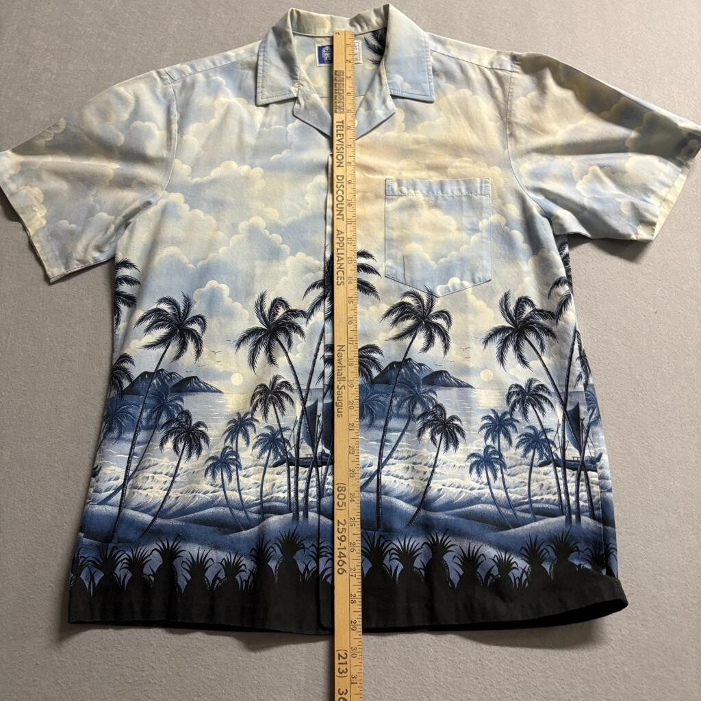 RJC Hawaiian Shirt Mens Medium Blue Clouds Palm Trees Sailboat Made in USA